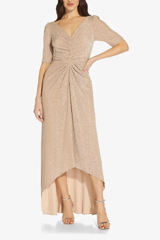 Long - train wedding dresses with a sweep train option Adrianna Papell AP1E209926 V- Neck Back Formal High And Low Hem Metallic Knit Dress Long - train wedding dresses with a sweep train option Adrianna Papell AP1E209926 V- Neck Back Formal High And Low Hem Metallic Knit Dress