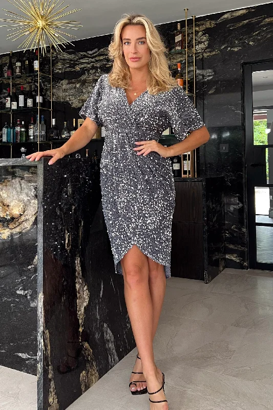 Midi dresses with cotton - blend materials for everyday comfort Novah Silver Velvet Sequin Wrap Detailing Midi Dress Midi dresses with cotton - blend materials for everyday comfort Novah Silver Velvet Sequin Wrap Detailing Midi Dress