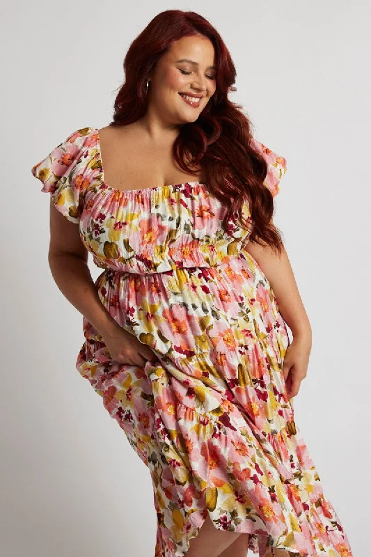 Midi dresses with puff sleeves for a vintage - inspired look Pink Floral Midi Dress Short Sleeve Ruched Midi dresses with puff sleeves for a vintage - inspired look Pink Floral Midi Dress Short Sleeve Ruched