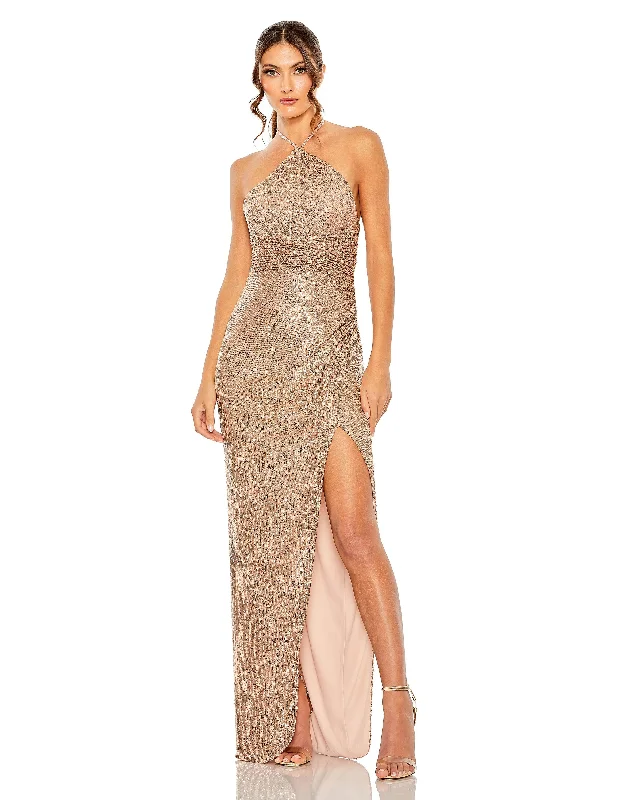 Modern minimalist wedding dresses with clean lines​ Mac Duggal 27128 Prom Long Halter Formal Gown