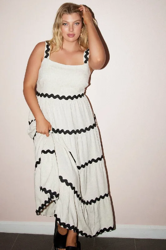 Midi dresses with metallic threads for a glamorous evening event Beige Midi Dress Sleeveless Ric Rac Tiered Linen Blend Midi dresses with metallic threads for a glamorous evening event Beige Midi Dress Sleeveless Ric Rac Tiered Linen Blend