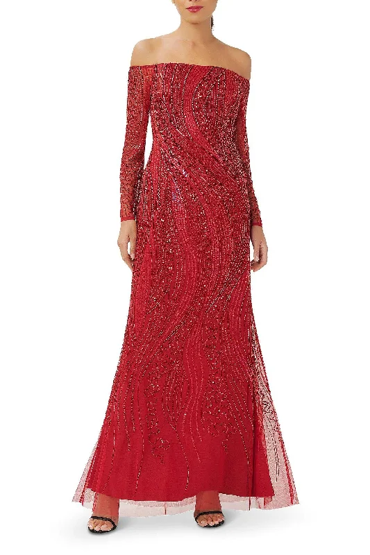 Empire - line wedding dresses with a ruffled skirt Adrianna Papell AP1E210117 P Off The Shoulder Long Sleeve Formal Long Beaded Dress Empire - line wedding dresses with a ruffled skirt Adrianna Papell AP1E210117 P Off The Shoulder Long Sleeve Formal Long Beaded Dress