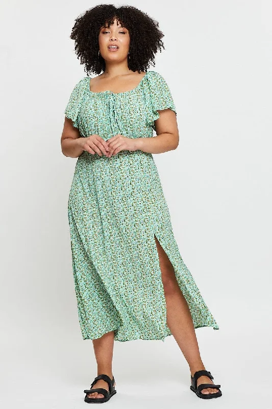 Midi dresses with cold - shoulder cutouts for a trendy style Ditsy Print Midi Dress Scoop Neck Short Sleeve Front Split Midi dresses with cold - shoulder cutouts for a trendy style Ditsy Print Midi Dress Scoop Neck Short Sleeve Front Split