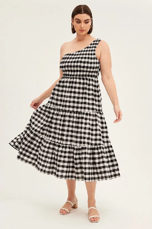 Midi dresses with tassel accents for a bohemian and free - spirited style Multi Check Midi Dress One Shoulder Shirred Gingham Check Midi dresses with tassel accents for a bohemian and free - spirited style Multi Check Midi Dress One Shoulder Shirred Gingham Check