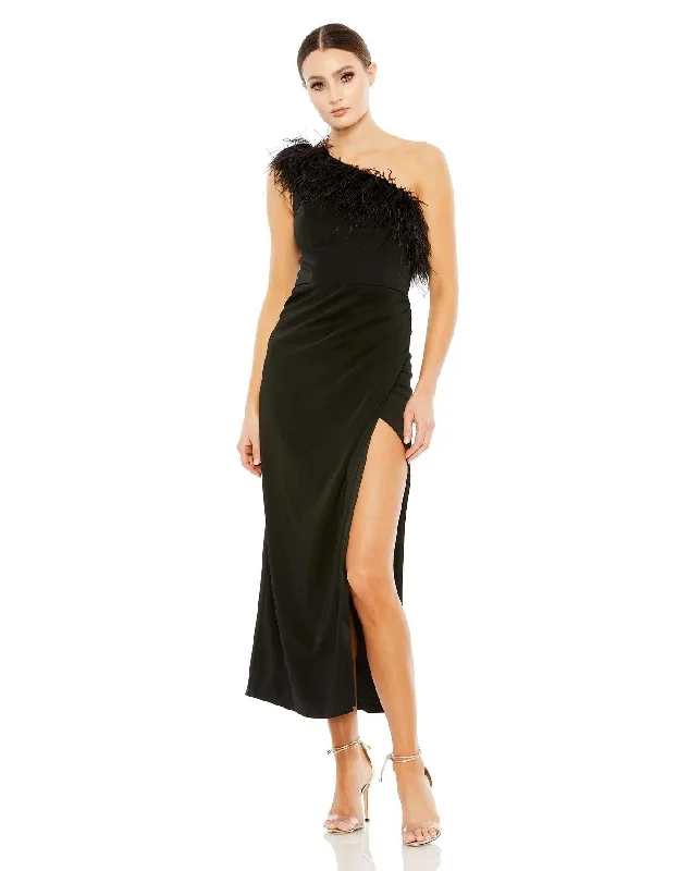 Halter - neck wedding dresses with a unique neckline Mac Duggal A68147 Prom One Shoulder Tea Length Dress Halter - neck wedding dresses with a unique neckline Mac Duggal A68147 Prom One Shoulder Tea Length Dress
