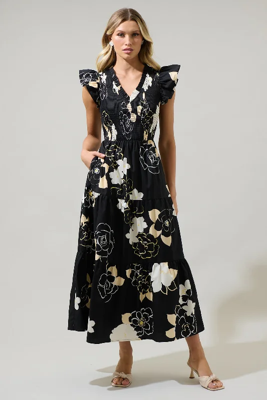 Midi dresses with denim fabric for a casual yet stylish day out Cairan Rose Sunfire Smocked Bodice Tiered Midi Dress Midi dresses with denim fabric for a casual yet stylish day out Cairan Rose Sunfire Smocked Bodice Tiered Midi Dress
