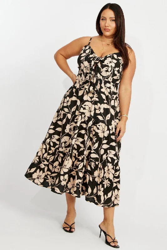 A - line midi dresses with floral prints for spring brunches Black Floral Midi Dress Sleeveless Front Tie A - line midi dresses with floral prints for spring brunches Black Floral Midi Dress Sleeveless Front Tie