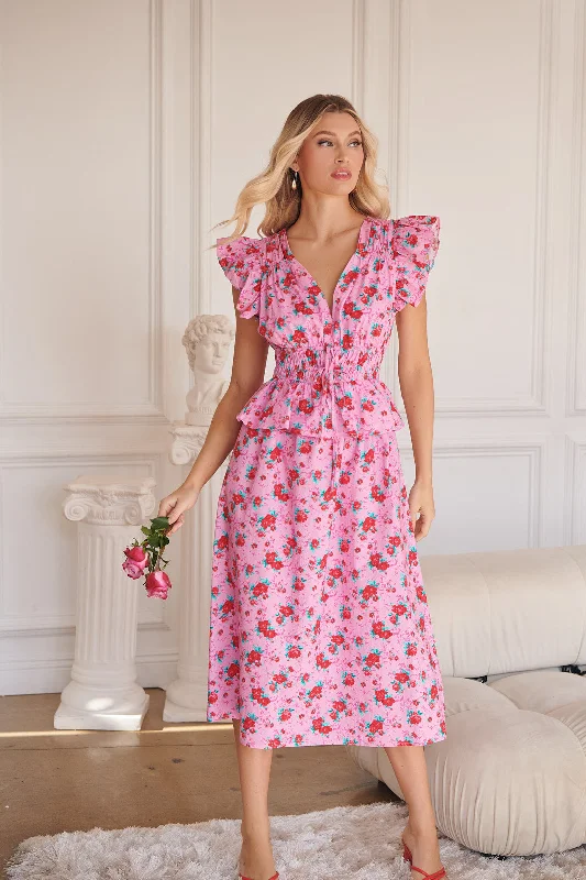 Midi dresses with ruffled bodices for a more pronounced feminine look Berryglow Floral Smocked Midi Dress Midi dresses with ruffled bodices for a more pronounced feminine look Berryglow Floral Smocked Midi Dress