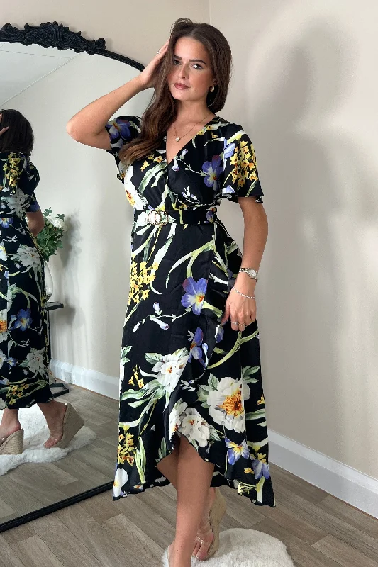 Midi dresses with tassel accents for a bohemian and free - spirited style Quinn Black Floral Wrap Detail Midi Dress Midi dresses with tassel accents for a bohemian and free - spirited style Quinn Black Floral Wrap Detail Midi Dress