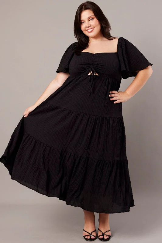 Midi dresses with mesh inserts for a trendy and breathable option Black Midi Dress Short Sleeve Textured