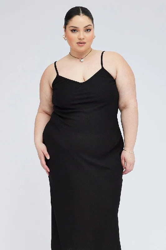 Maxi - inspired midi dresses with flowing fabrics for a beachy vibe Black Midi Slip Dress Linen Blend Maxi - inspired midi dresses with flowing fabrics for a beachy vibe Black Midi Slip Dress Linen Blend