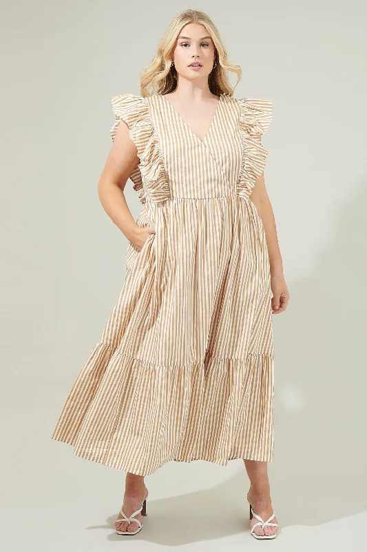 Midi dresses with ruffled hems for a romantic date night Luna Striped Fairness Taupe Poplin Surplice Midi Dress Curve Midi dresses with ruffled hems for a romantic date night Luna Striped Fairness Taupe Poplin Surplice Midi Dress Curve
