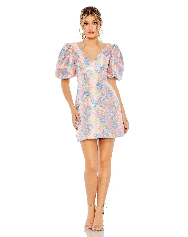 Two - piece wedding dresses with a crop top Mac Duggal 49622 Short Sleeve Floral Print Cocktail Dress Two - piece wedding dresses with a crop top Mac Duggal 49622 Short Sleeve Floral Print Cocktail Dress