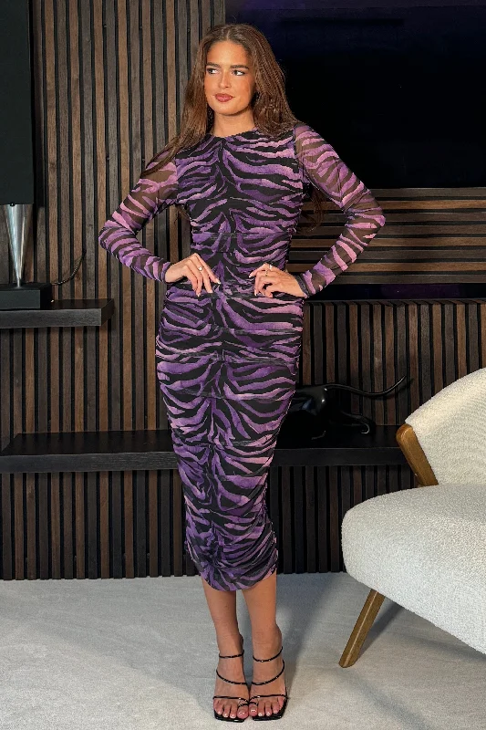 Midi dresses with patchwork patterns for a one - of - a - kind style Lilah Long Sleeves Midi Mesh Dress Purple Midi dresses with patchwork patterns for a one - of - a - kind style Lilah Long Sleeves Midi Mesh Dress Purple