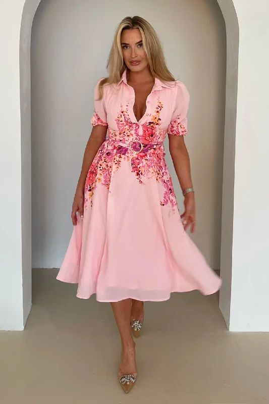 Midi dresses with mesh inserts for a trendy and breathable option Holland Border Print Collar Midi Dress Pink Midi dresses with mesh inserts for a trendy and breathable option Holland Border Print Collar Midi Dress Pink