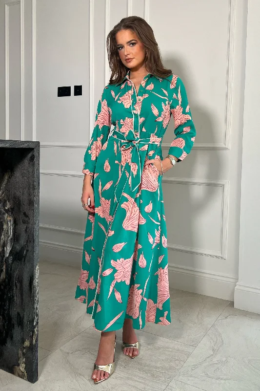 Midi dresses with button - down skirts for a unique and functional design Angela Green And Pink Floral Midi Shirt Dress Midi dresses with button - down skirts for a unique and functional design Angela Green And Pink Floral Midi Shirt Dress