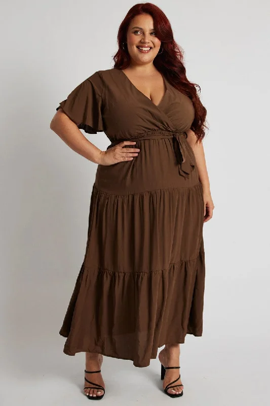 Midi dresses with cotton - blend materials for everyday comfort Brown Wrapover Flare Sleeve Tiered Midi Dress Midi dresses with cotton - blend materials for everyday comfort Brown Wrapover Flare Sleeve Tiered Midi Dress