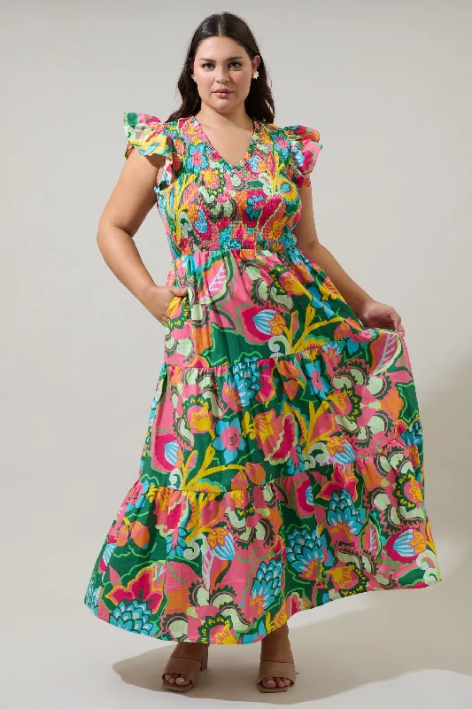 Maxi - inspired midi dresses with flowing fabrics for a beachy vibe Lanai Multi Tropics Sunfire Smocked Bodice Tiered Midi Dress Curve Maxi - inspired midi dresses with flowing fabrics for a beachy vibe Lanai Multi Tropics Sunfire Smocked Bodice Tiered Midi Dress Curve