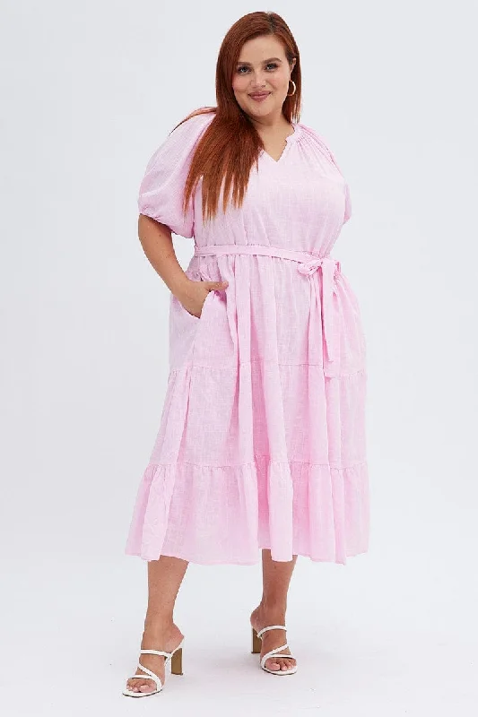Midi dresses with asymmetric hems for a fashion - forward and dynamic appearance Pink Midi Dress Tiered Notch Collar Belted Midi dresses with asymmetric hems for a fashion - forward and dynamic appearance Pink Midi Dress Tiered Notch Collar Belted