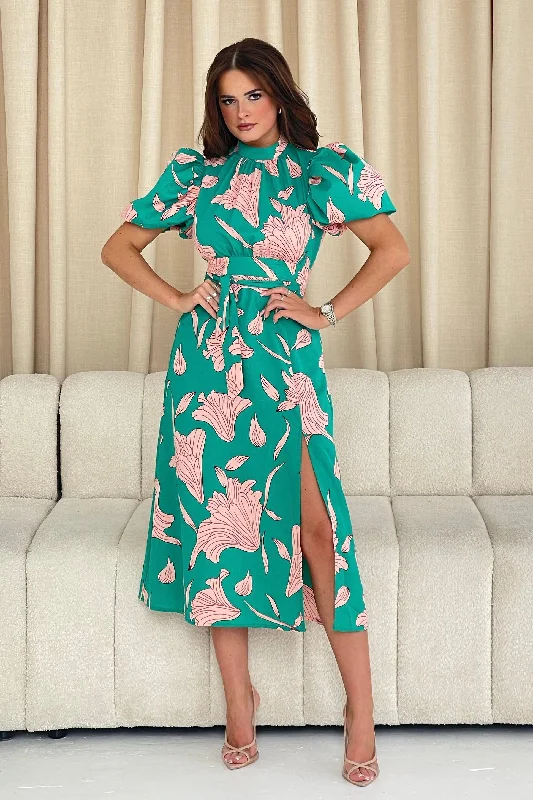 Wrap - style midi dresses in silk for a sophisticated office look Lilith Puff Sleeve High Neck Midi Dress Green Print Wrap - style midi dresses in silk for a sophisticated office look Lilith Puff Sleeve High Neck Midi Dress Green Print