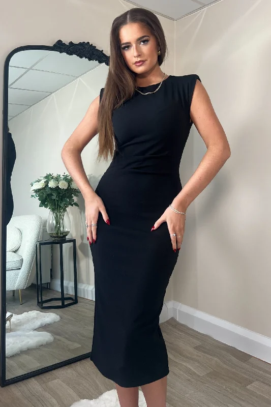 Midi dresses with metallic threads for a glamorous evening event Pari Black Ruched Shoulder Pad Midi Dress Midi dresses with metallic threads for a glamorous evening event Pari Black Ruched Shoulder Pad Midi Dress