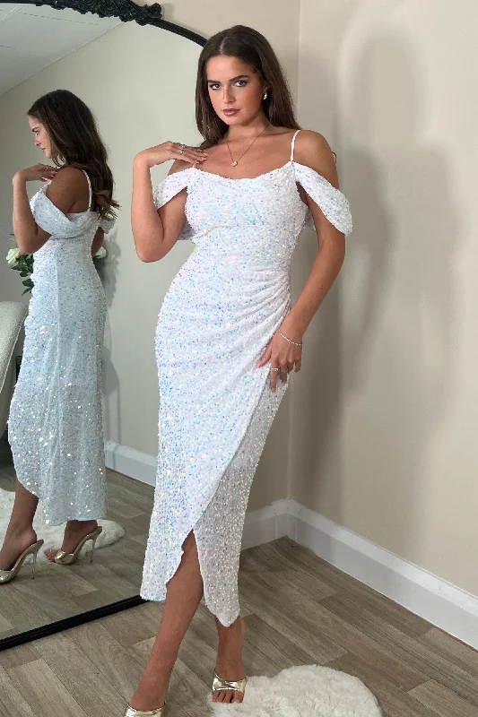 Wrap - style midi dresses in silk for a sophisticated office look Camila White Sequin Wrap Over Midi Dress Wrap - style midi dresses in silk for a sophisticated office look Camila White Sequin Wrap Over Midi Dress