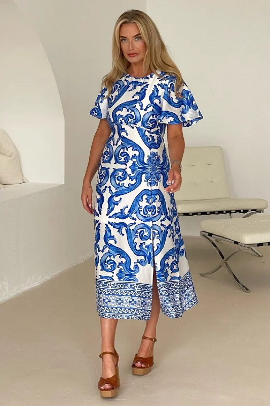 Midi dresses with animal prints for a bold and confident appearance Britney Blue Boarder Short Sleeve Split Leg Midi Dress Midi dresses with animal prints for a bold and confident appearance Britney Blue Boarder Short Sleeve Split Leg Midi Dress