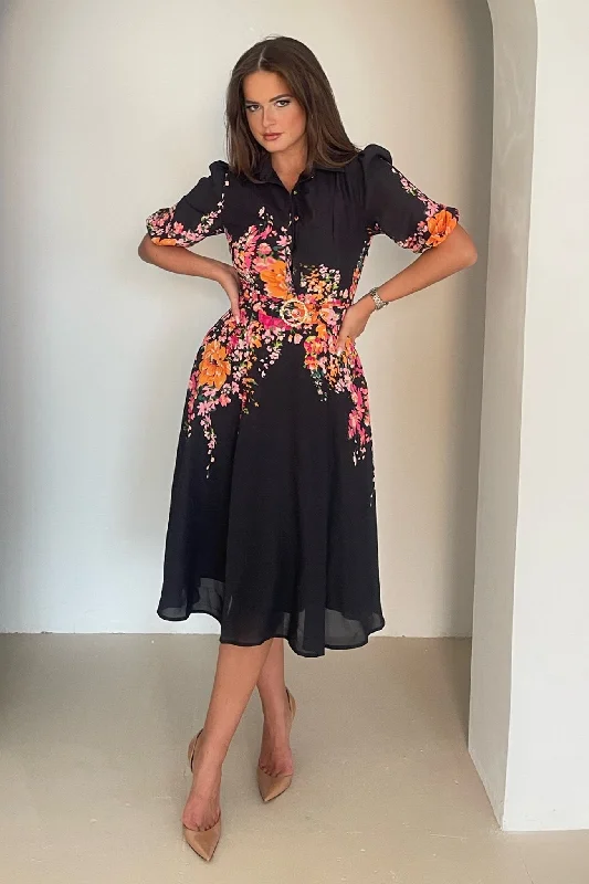 Midi dresses with embroidered accents for a unique and detailed design Holland Border Print Collar Midi Dress Black Midi dresses with embroidered accents for a unique and detailed design Holland Border Print Collar Midi Dress Black