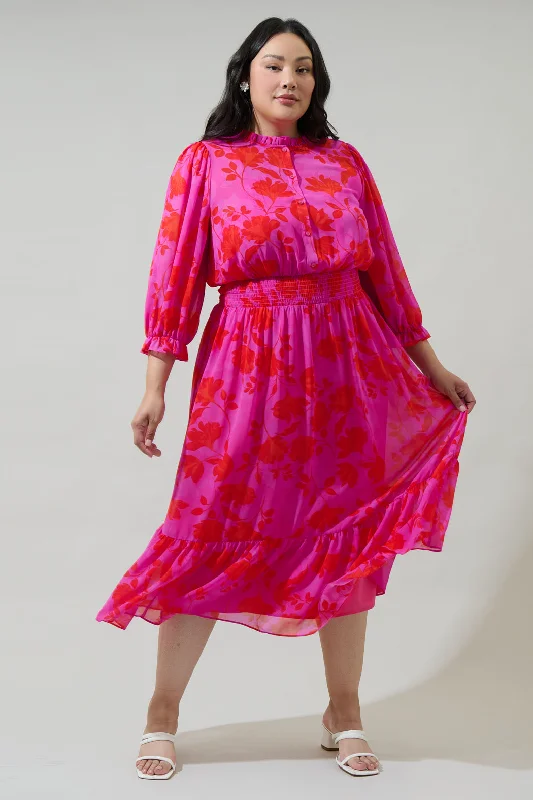 A - line midi dresses with floral prints for spring brunches Kensie Floral Irene Smocked Midi Dress Curve