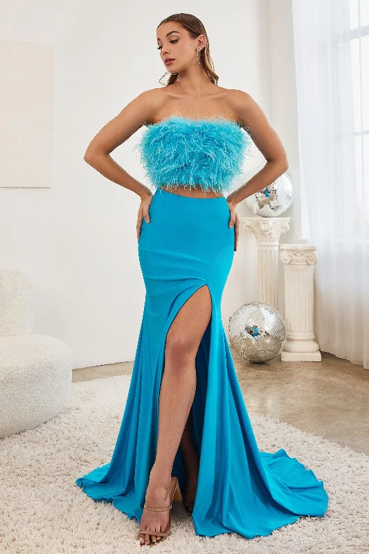Square - neck wedding dresses with a demure look​ Cinderella Divine C141 Strapless Long Fitted Prom Dress