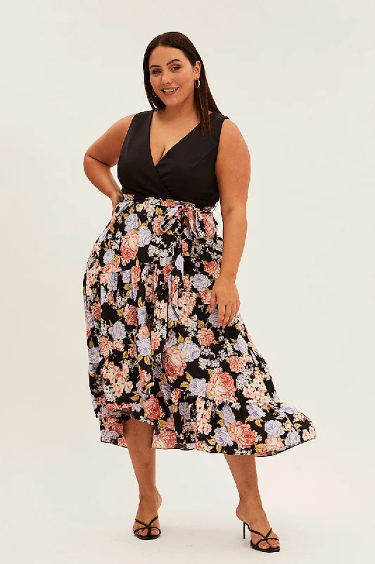 Midi dresses with button - front designs for a classic touch Print Floral Maxi Dress Plain Bodice V-neck Frill Skirt Midi dresses with button - front designs for a classic touch Print Floral Maxi Dress Plain Bodice V-neck Frill Skirt