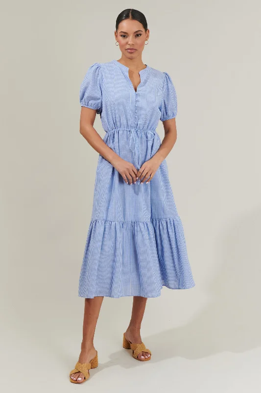 Midi dresses with satin - finish fabrics for a luxurious feel Zephyr Ticking Stripe Waist Tie Midi Dress Midi dresses with satin - finish fabrics for a luxurious feel Zephyr Ticking Stripe Waist Tie Midi Dress