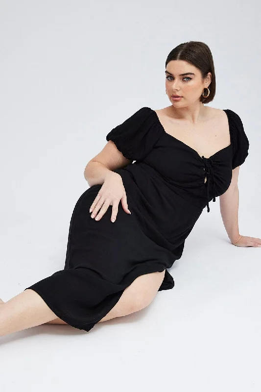 Midi dresses with cold - shoulder cutouts for a trendy style Black Midi Dress Lace Up Crinkle Short Sleeve