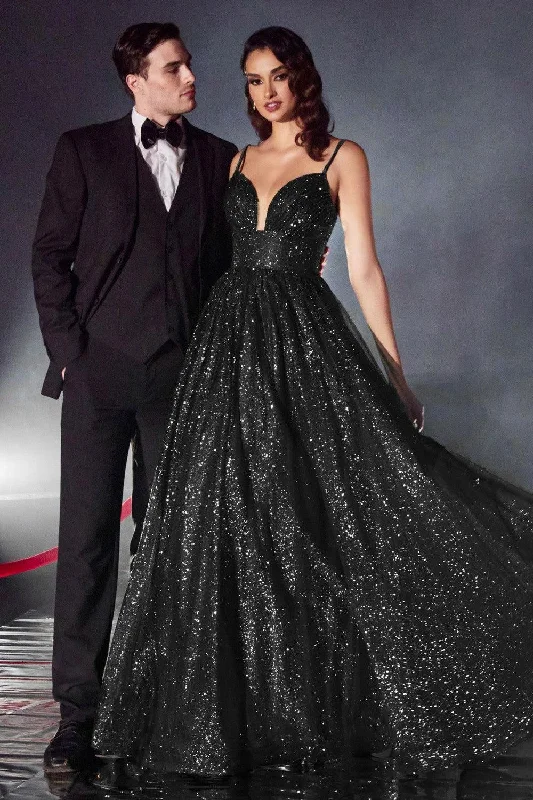 Ruffled wedding dresses with a cascading effect​ Long Layered Glittered Black Wedding Dress