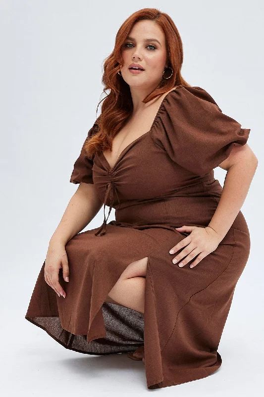 Midi dresses with ruffled bodices for a more pronounced feminine look Rust Midi Dress Fitted Drawstring Front Puff Sleeve Midi dresses with ruffled bodices for a more pronounced feminine look Rust Midi Dress Fitted Drawstring Front Puff Sleeve