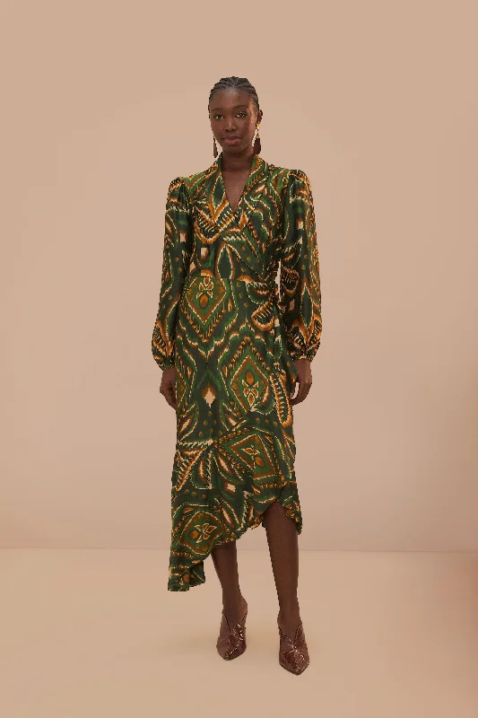 Midi dresses with ruffled hems for a romantic date night Green Pineapple Ikat Long Sleeve Midi Dress Midi dresses with ruffled hems for a romantic date night Green Pineapple Ikat Long Sleeve Midi Dress
