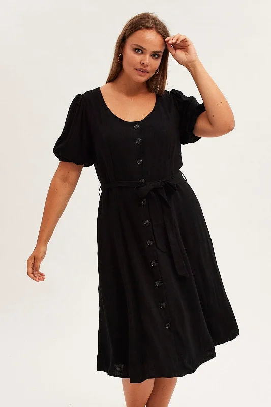 Midi dresses with ruffled sleeves for a more feminine and voluminous look Black Short Sleeve Button Through Linen Blend Midi Dress Midi dresses with ruffled sleeves for a more feminine and voluminous look Black Short Sleeve Button Through Linen Blend Midi Dress