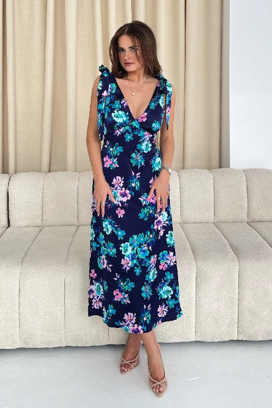 Midi dresses with ruched bodices for a feminine and fitted feel Beverly Tie Shoulder Midi Dress In Navy Floral Midi dresses with ruched bodices for a feminine and fitted feel Beverly Tie Shoulder Midi Dress In Navy Floral