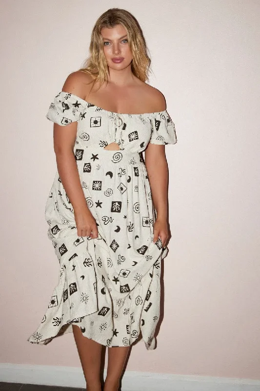 Midi dresses with ruffled sleeves for a more feminine and voluminous look Beige Abstract Midi Dress Short Sleeve Ruched Bust Midi dresses with ruffled sleeves for a more feminine and voluminous look Beige Abstract Midi Dress Short Sleeve Ruched Bust