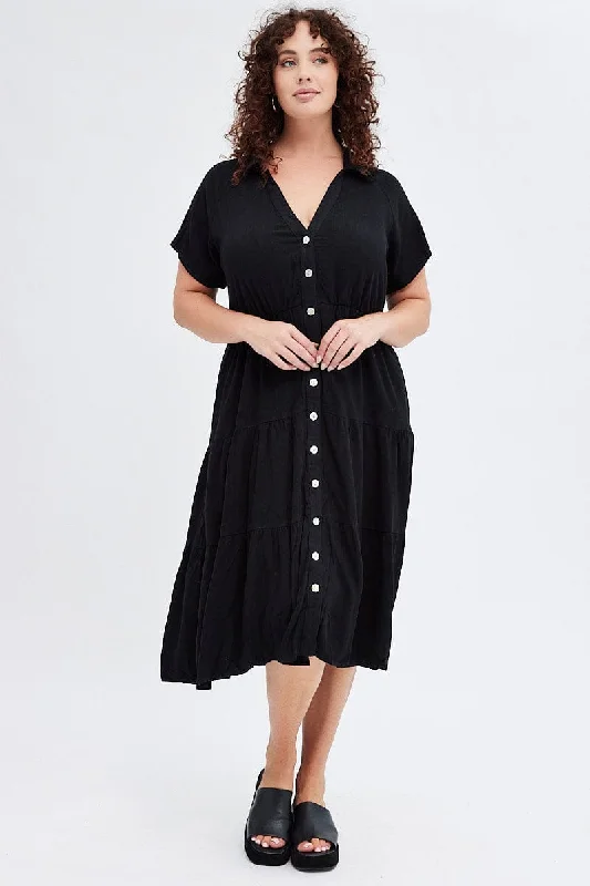 Midi dresses with geometric cutouts for a contemporary and edgy look Black Shirtdress Midi Button Linen Blend Short Sleeve Midi dresses with geometric cutouts for a contemporary and edgy look Black Shirtdress Midi Button Linen Blend Short Sleeve
