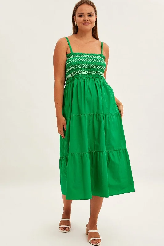Midi dresses with puff sleeves for a vintage - inspired look Green Strap Tiered Maxi Dress Smocked Midi dresses with puff sleeves for a vintage - inspired look Green Strap Tiered Maxi Dress Smocked