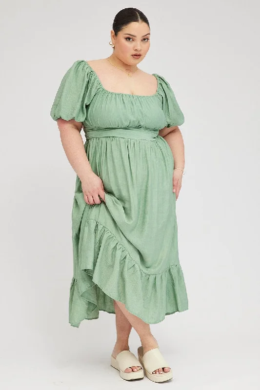 Midi dresses with cotton - blend materials for everyday comfort Green Midi Dress Tie Back Short Sleeve Midi dresses with cotton - blend materials for everyday comfort Green Midi Dress Tie Back Short Sleeve