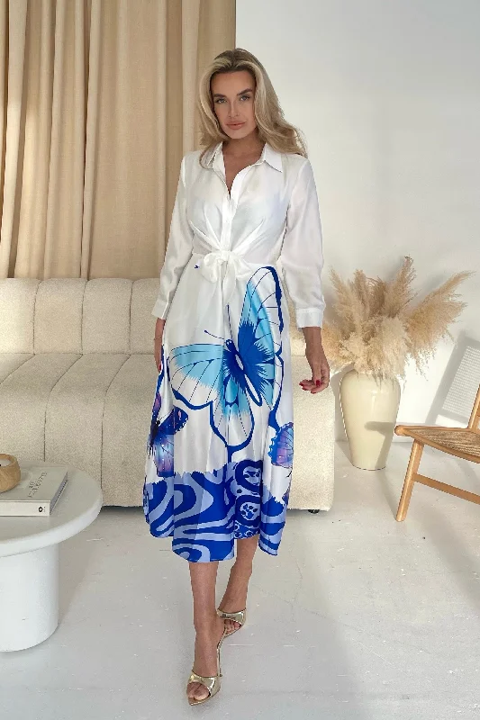Midi dresses with tiered skirts for a bohemian festival look Isabella Blue Butterfly Tie Front Shirt Dress Midi dresses with tiered skirts for a bohemian festival look Isabella Blue Butterfly Tie Front Shirt Dress