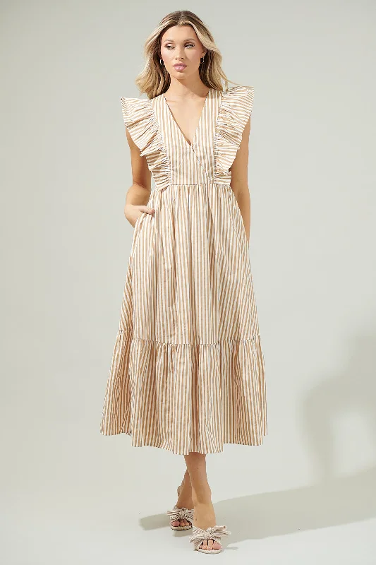 Midi dresses with empire waists for a flattering maternity option Luna Striped Fairness Taupe Poplin Surplice Midi Dress Midi dresses with empire waists for a flattering maternity option Luna Striped Fairness Taupe Poplin Surplice Midi Dress