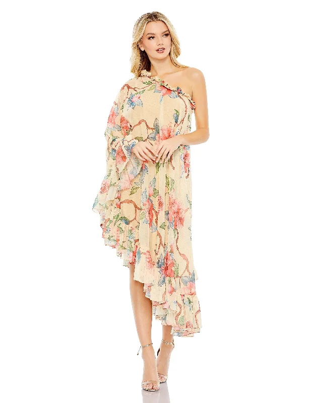 Empire - line wedding dresses with a ruffled skirt Mac Duggal 55830 High Low One Shoulder Floral Print Dress Empire - line wedding dresses with a ruffled skirt Mac Duggal 55830 High Low One Shoulder Floral Print Dress