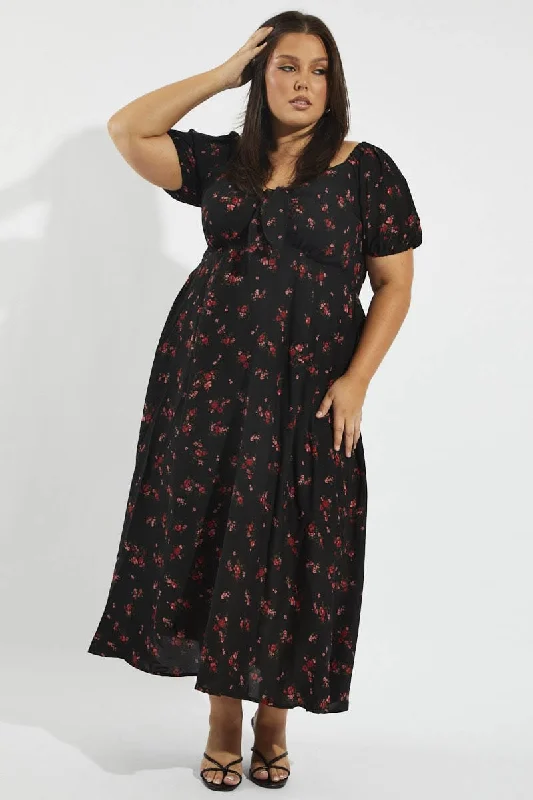 Midi dresses with ribbed textures for a unique and tactile appearance Black Floral Puff Sleeve Midi Dress Tie Front Midi dresses with ribbed textures for a unique and tactile appearance Black Floral Puff Sleeve Midi Dress Tie Front