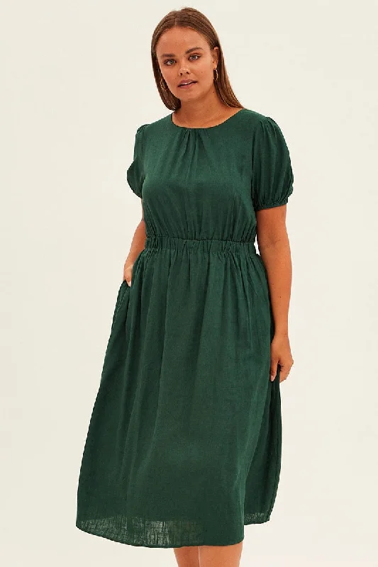 A - line midi dresses with floral prints for spring brunches Green Midi Dress Cutout Back Puff Sleeve Linen Blend