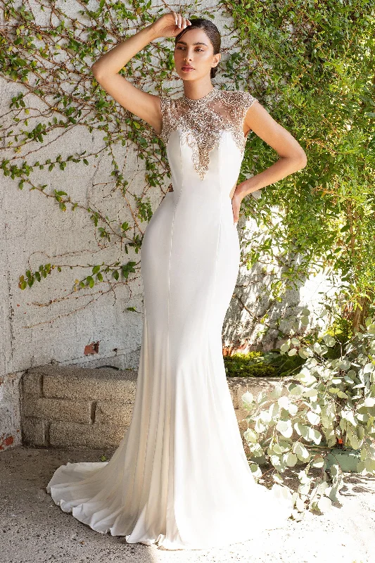 Wedding dresses with a lace - trimmed veil attachment Cinderella Divine CD71457 Beaded Stretch Knit Sheath Long Wedding Dress Wedding dresses with a lace - trimmed veil attachment Cinderella Divine CD71457 Beaded Stretch Knit Sheath Long Wedding Dress