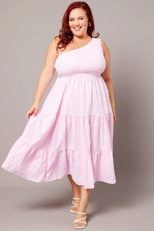 Midi dresses with off - the - shoulder necklines for a flirty look Pink Check Midi Dress One Shoulder Midi dresses with off - the - shoulder necklines for a flirty look Pink Check Midi Dress One Shoulder