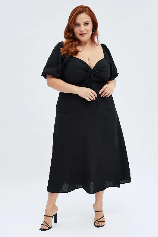 Midi dresses with polka dot prints for a playful summer outfit Black Midi Dress Fitted Drawstring Front Puff Sleeve Midi dresses with polka dot prints for a playful summer outfit Black Midi Dress Fitted Drawstring Front Puff Sleeve